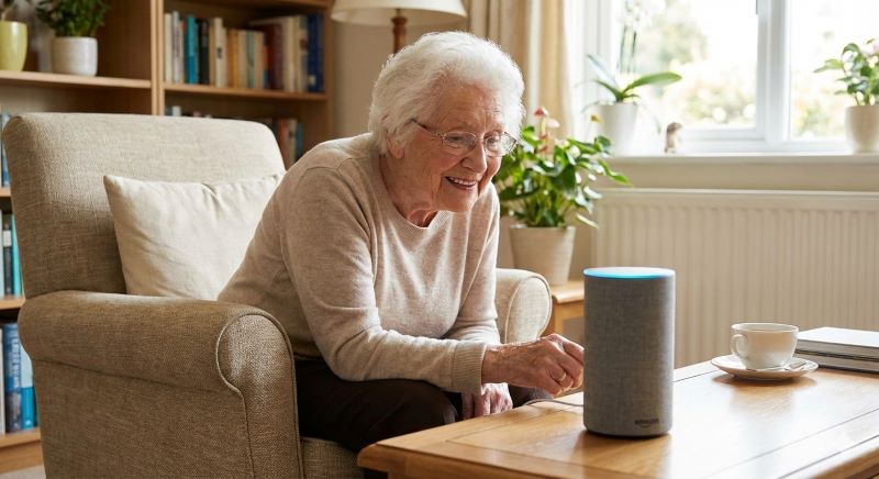 Idosa usando assistente de voz com tecnologia e autonomia para pessoas 60+