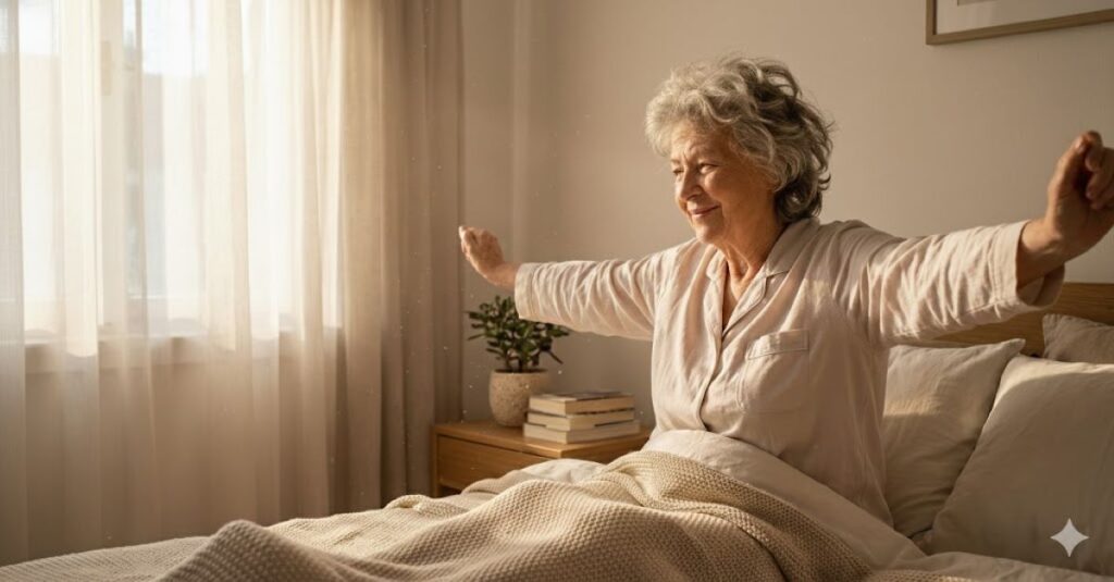 Idosa acordando relaxada depois de uma boa noite de sono