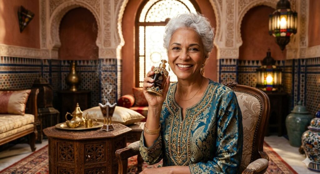 Mulher madura usa perfume árabe